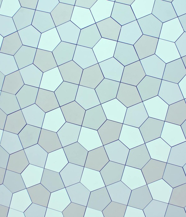 Overhead view of creative abstract backdrop with seamless pattern representing small pentagons with straight lines